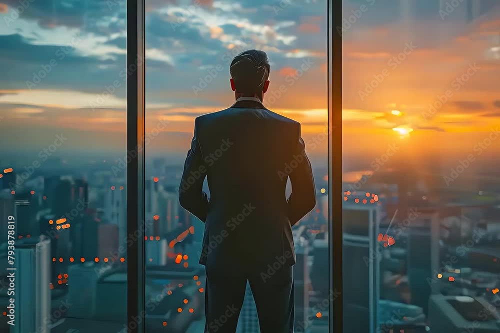 Back View of the Thoughtful Businessman wearing a Suit Standing in His Office, Contemplating Next Big Business Deal, Looking out of the Window. Back View of the Thoughtful Businessman wearing a Suit Standing in His Office, Contemplating Next Big Business Deal, Looking out of the Window.