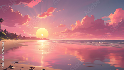Sunset or sunrise on the beach landscape with beautiful pink sky and sun reflection over the water. Summer vacation background cartoon concept © Muhammad