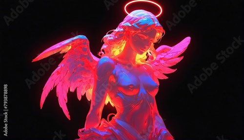 red neon light glowing female angel statue on plain black background from Generative AI