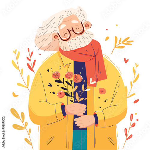 Old man with flower bouquet. Vector illustration