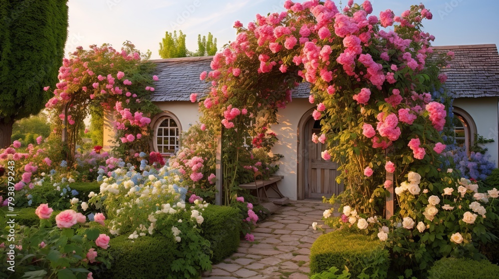 A colorful garden filled with blooming flowers, with a charming cottage in the background
