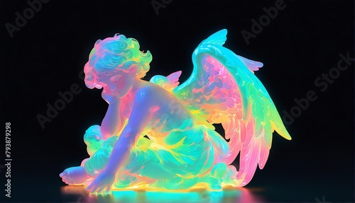 teal neon light glowing cherub angel statue on plain black background from Generative AI