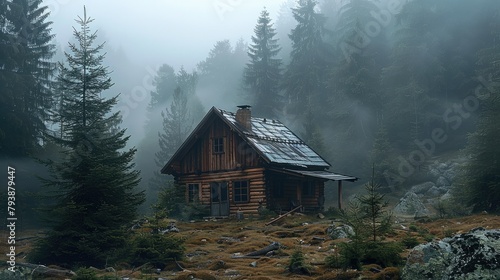 Old wood house in forest mountain, metal yard and wet, little foggy. Generative AI. © visoot