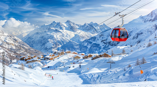 Gondola lift in ski resort in winter Alps mountains  photo