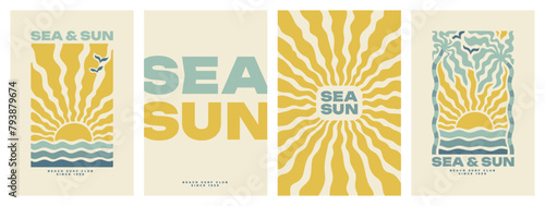 Boho groovy palm tree beach sun sea. Surf club vacation and sunny summer day aesthetic. Vector illustration background in trendy retro naive simple style. Pastel yellow blue braun colors. (ID: 793879674)