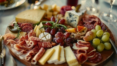A platter of assorted cheeses and charcuterie, artfully arranged with fresh fruit and nuts, offering a sophisticated and indulgent appetizer experience.
