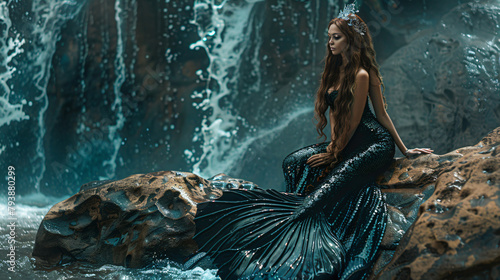 Gothic real mermaid resting on ocean shore.  © Cedar