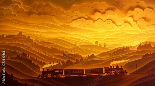 A whimsical papercut depicts a train journey, each carriage brimming with travelers looking out at rolling hills and charming villages bathed in the warm glow of a sunset
