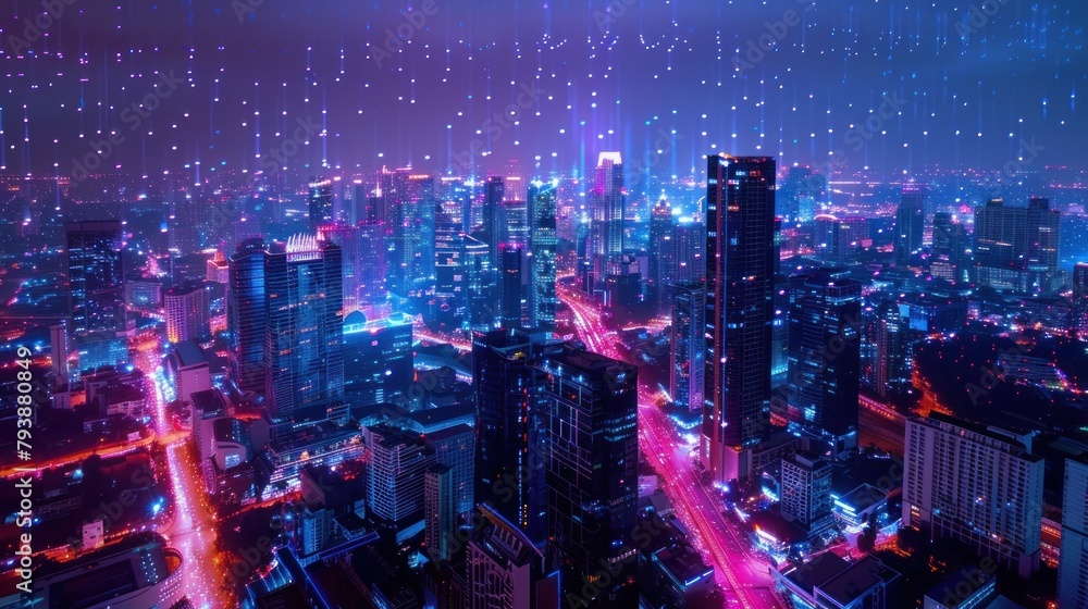 Smart city dot point connect with gradient line, connection technology metaverse night city banner