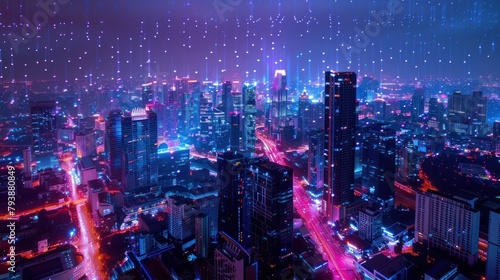 Smart city dot point connect with gradient line  connection technology metaverse night city banner