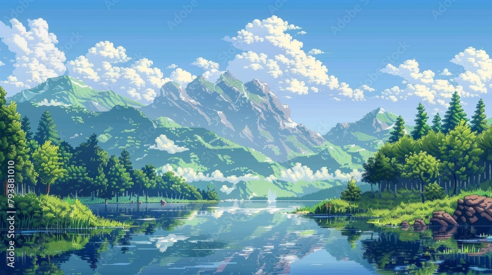 A serene 8-bit landscape featuring rolling hills, pixelated trees, and a tranquil lake