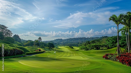 A pristine golf course with lush green fairways and manicured greens, set against a backdrop of rolling hills and clear blue skies, beckoning golfers to tee off and enjoy a leisurely round.
