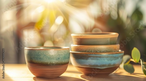 Molded Clay Bowl, Earthy glazes, Precise hand-painting details, Crafting studio ambiance, Photography style, Golden hour lighting, Bokeh effect, Tilted angle vie