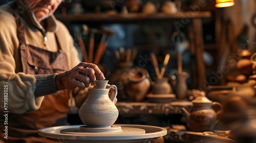 Potter at Wheel, Shaping delicate teapot, Ceramic tools in background, Cozy and cluttered workshop setting, Realistic 3D render, Rembrandt lighting, Vignette effect, Extreme close-up shot photo