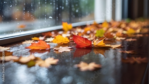  On a rainy day  outside  raindrops trickle down a window pane covered with autumn leaves. The leaves cling to the glass  showcasing vibrant hues of orange  yellow  and red. The rain creates a glisten