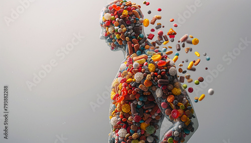 Obese male figure made of candy sweets. Portrait of happy fat plump man anticipating eating sweets, holding bar of chocolate and jar of candies. Concept for sugar and fast food. Unhealthy eating
