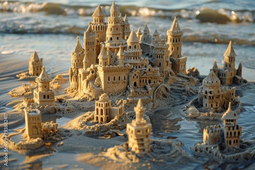 Children built sandcastles that resembled miniature skyscrapers, complete with moats and drawbridges, their creations glistening in the golden light of the setting sun photo