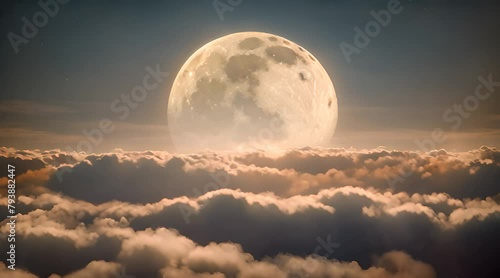 Serene night sky with a beautiful moon shining brightly, as the viewer soars above infinite clouds photo