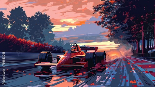 An 8-bit pixel art representation of a pixelated racing car speeding through a pixelated racetrack photo