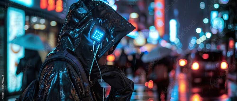 Smart Jacket, LED Embedded, Reacts to environment, Urban nightlife, Rainy night, Photography, Backlights effect, Frontal view Smart Jacket, LED Embedded, Reacts to environment, Urban nightlife, Rainy night, Photography, Backlights effect, Frontal view