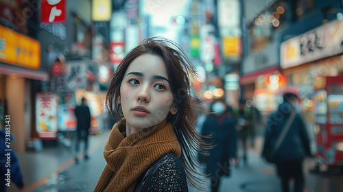 A woman stands on the bustling street, everyone in a hurry, only this woman has a peaceful time. Generative AI.