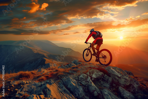 A man is riding a bike on a mountain with a beautiful sunset in the background