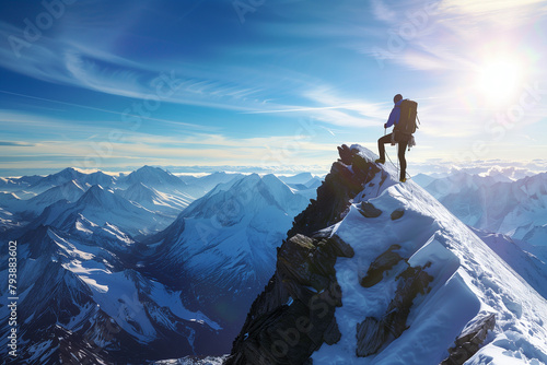 A man is standing on a mountain top with a backpack