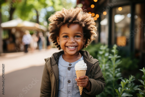 Little African boy eating ice cream in background of green trees of park