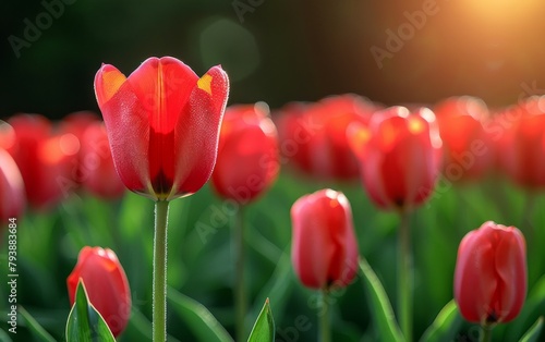 A single red flower stands out in a field of red flowers. The field is full of flowers  but the lone flower is the most prominent. Concept of solitude and beauty