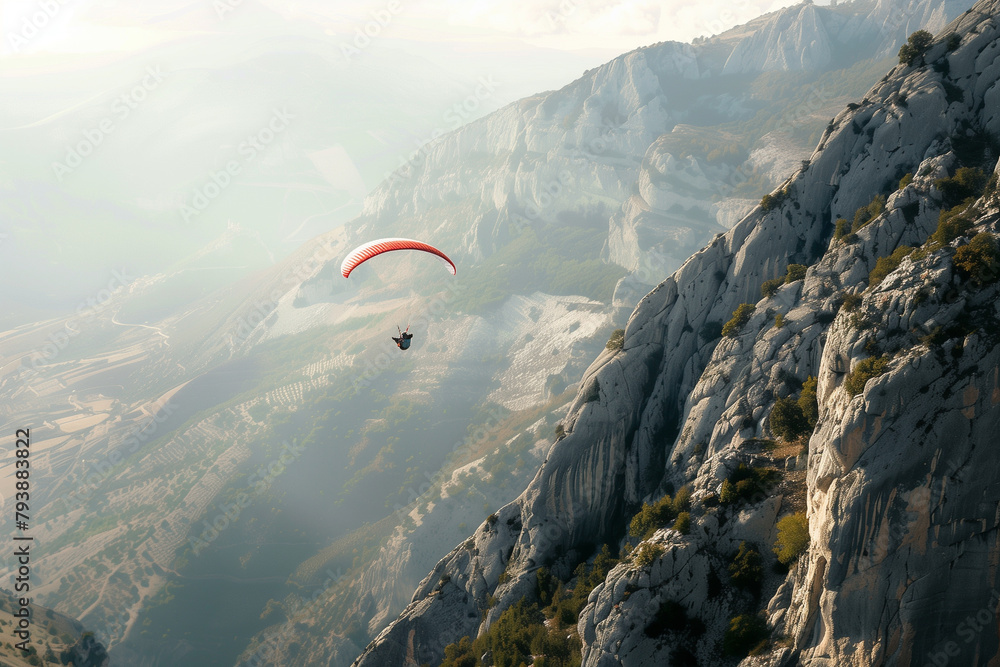 Paraglider flying between high mountains