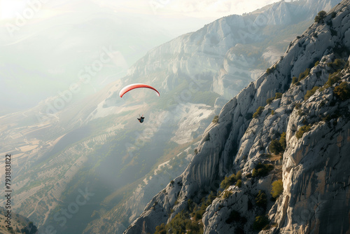 Paraglider flying between high mountains