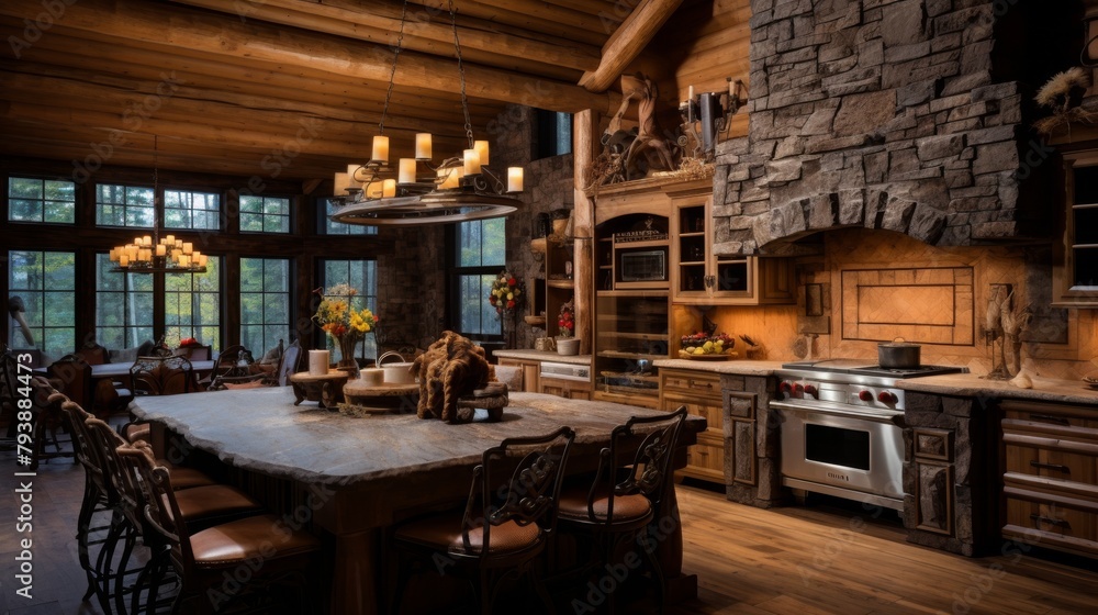 A cozy rustic kitchen with a large wooden table surrounded by chairs