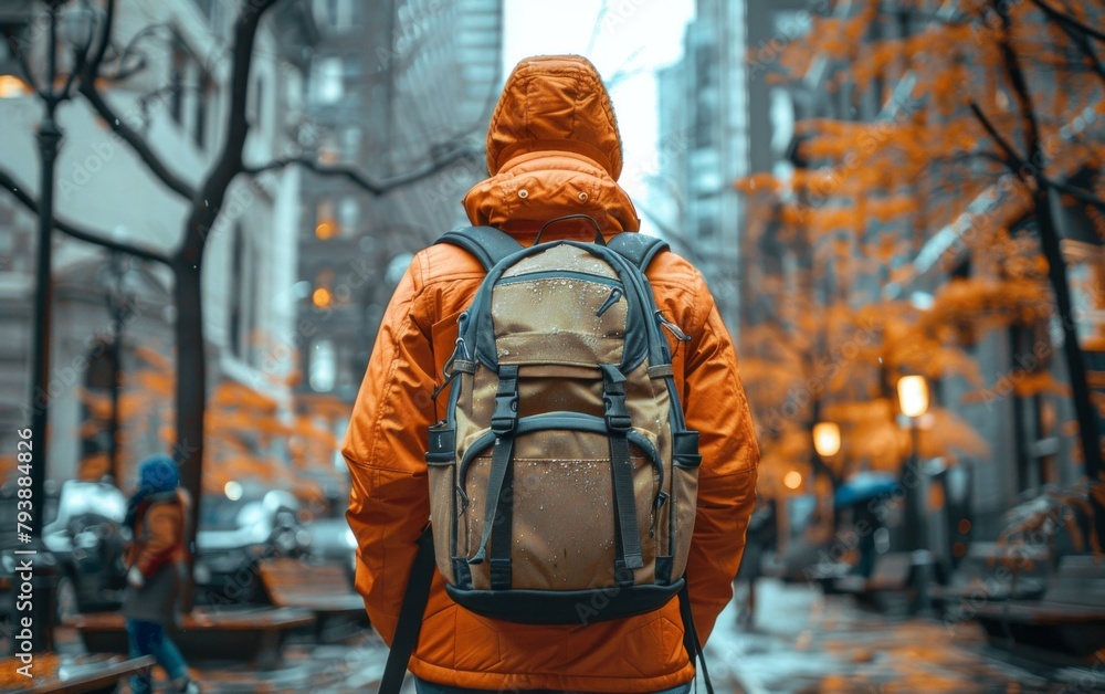 A man wearing an orange jacket and backpack stands in the rain. The scene is set in a city with a mix of buildings and trees. The man is prepared for the weather, as he is wearing a raincoat A man wearing an orange jacket and backpack stands in the rain. The scene is set in a city with a mix of buildings and trees. The man is prepared for the weather, as he is wearing a raincoat