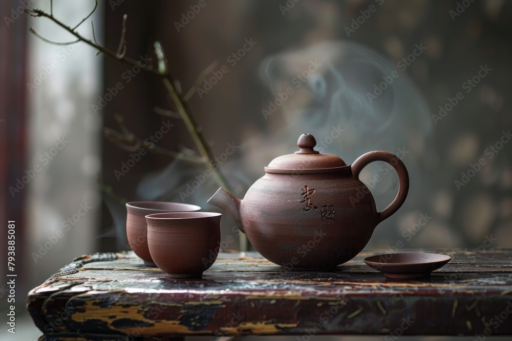 Yixing Teapot with Cups on a Table