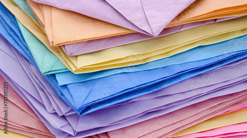 A visually pleasing assortment of pastel-colored paper sheets, layered in a haphazard yet organized manner, showcasing a spectrum of gentle hues.