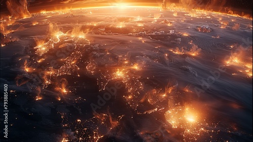 The World On Fire wide View From Space. Generative AI.