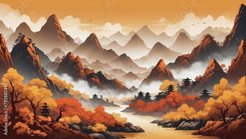 Mountain Peaks in Rust and Mustard Shades, Chinese Style Background