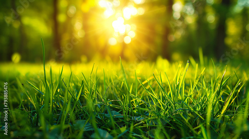 Green grass in a forest at sunset. Macro image
