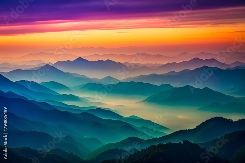Dawn’s mountain majesty. First light paints a serene gradient over misty mountain peaks