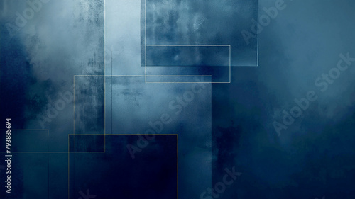 Blue rough abstract grunge background with painted squares and gold border