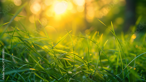 Green grass in a forest at sunset. Plants swaying 