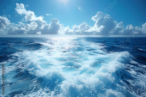 Dramatic Blue Sea and Sky with Rough Waves, Powerful foamy sea waves rolling and splashing over water surface against cloudy blue sky 