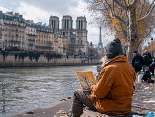 streetlife in Paris with people on the Seine, painters with works of art, Eiffel Tower and street cafes, Ai generated
