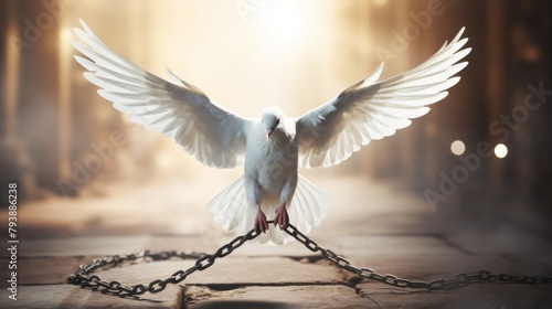 A white bird struggles against the chains binding it to a metal chain photo