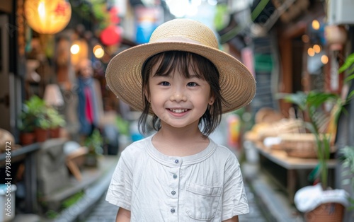 A young girl wearing a straw hat and a white shirt is smiling. She is standing in front of a building with a green plant in a pot