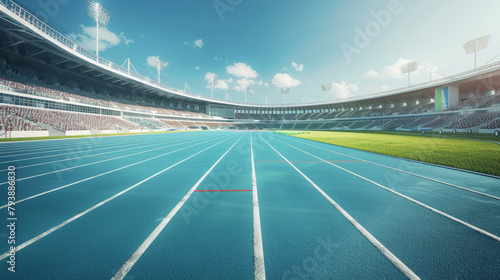 Blue racetrack on a sports field at olympic stadium
