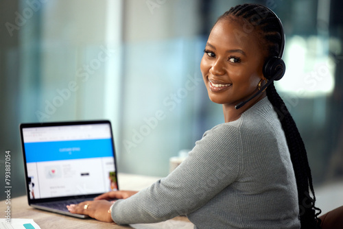 Headset, black woman and office for portrait with laptop, online customer service and advice. African agent, face and headphones with tech at call center for web support, screen and consulting career