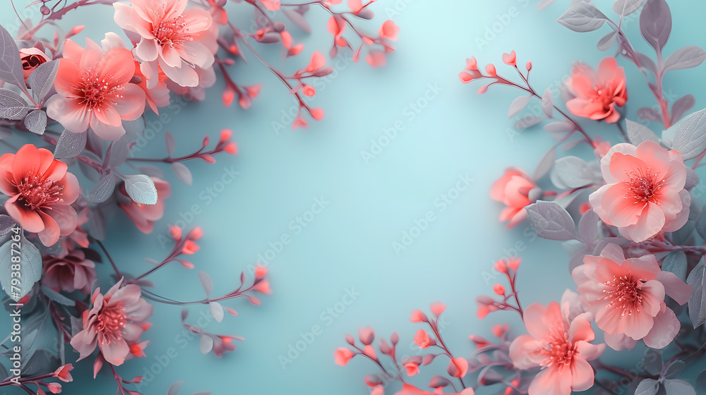 Floral frame with pink cherry blossoms on a pastel blue background, elegant design concept for spring events and invitations with copy space