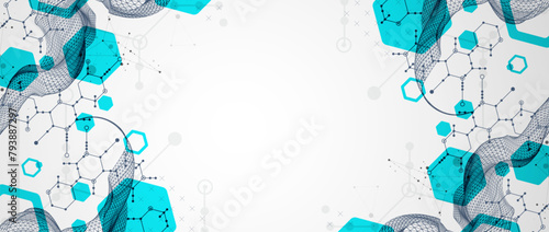 Scientific and technological background. Wireframe wave with hexagons of different types on a gray gradient.