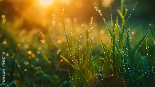Green grass with morning dew at sunrise. Macro image 
